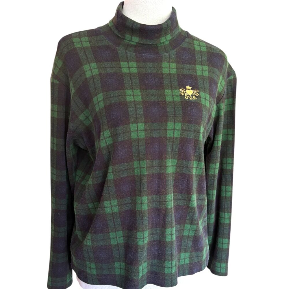 Aileen petites VTG blue/green plaid tartan turtleneck shirt with USA logo sz MP‎